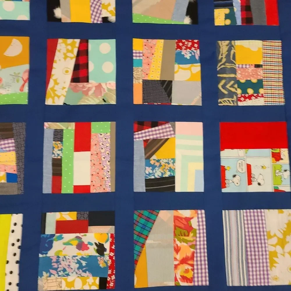 Scrappy Patchwork Colorful Crumb Crazy Baby Lap Quilt Top Blue Sashing 42
